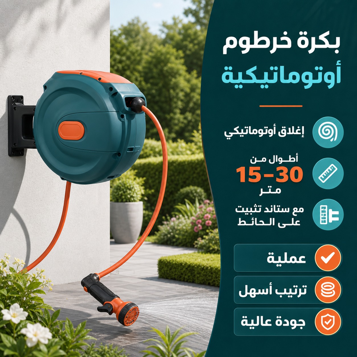 بكرة خرطوم مياه أوتوماتيكية للحدائق ( 30 متر)