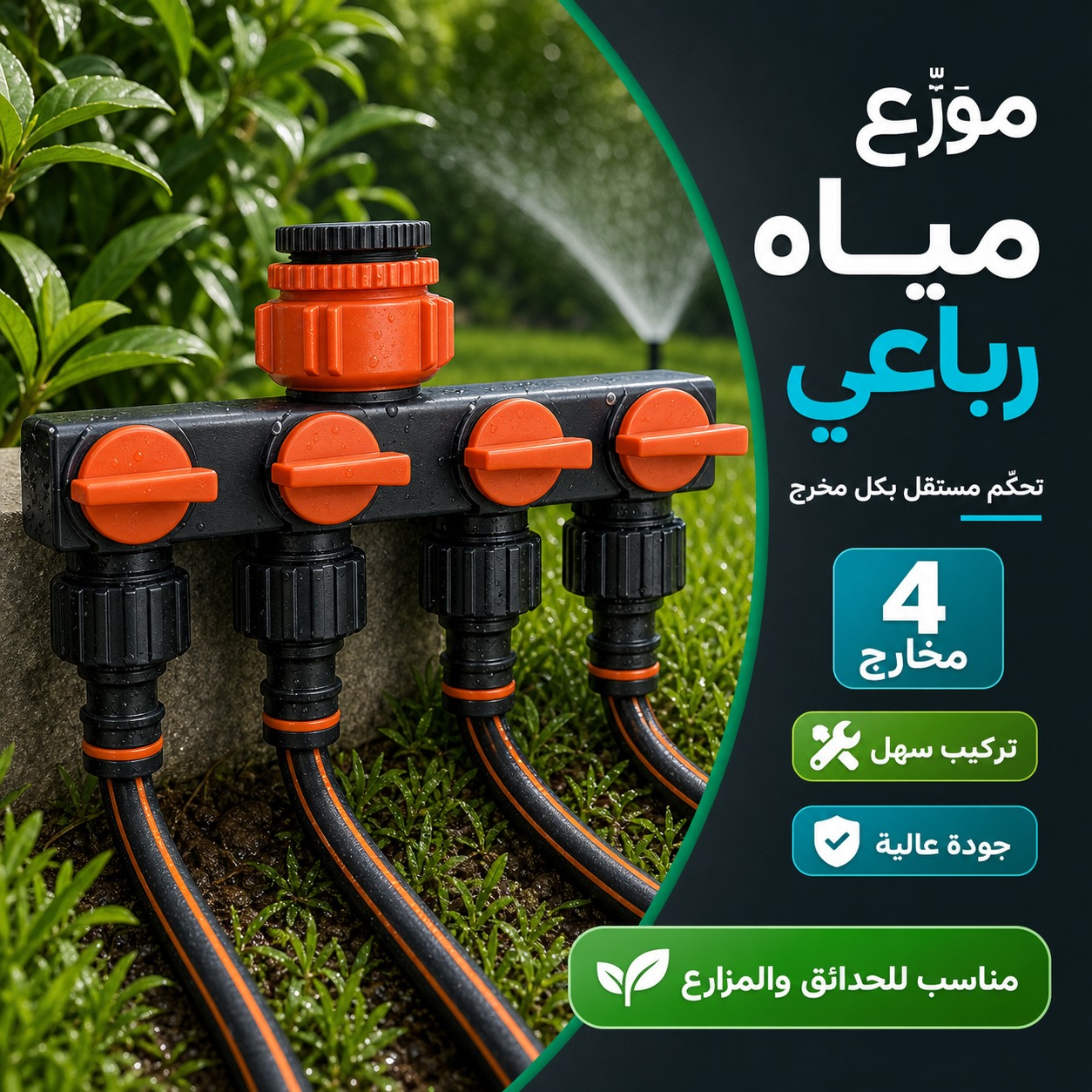 موزع مياه رباعي لمخارج الصنبور وخراطيم الري
