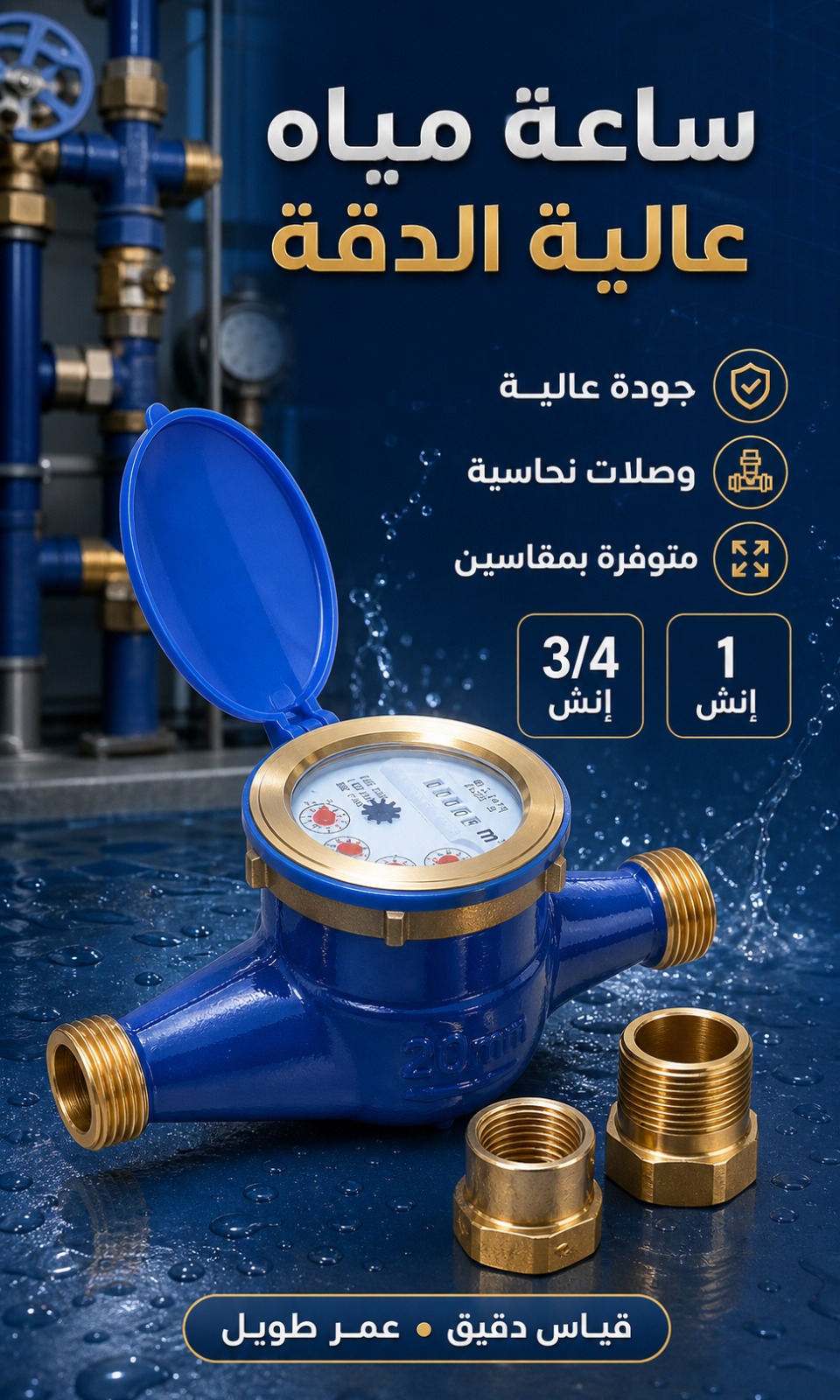 ساعة مياه (عداد مياه) عالية الدقة مع وصلات نحاسية 1 انش