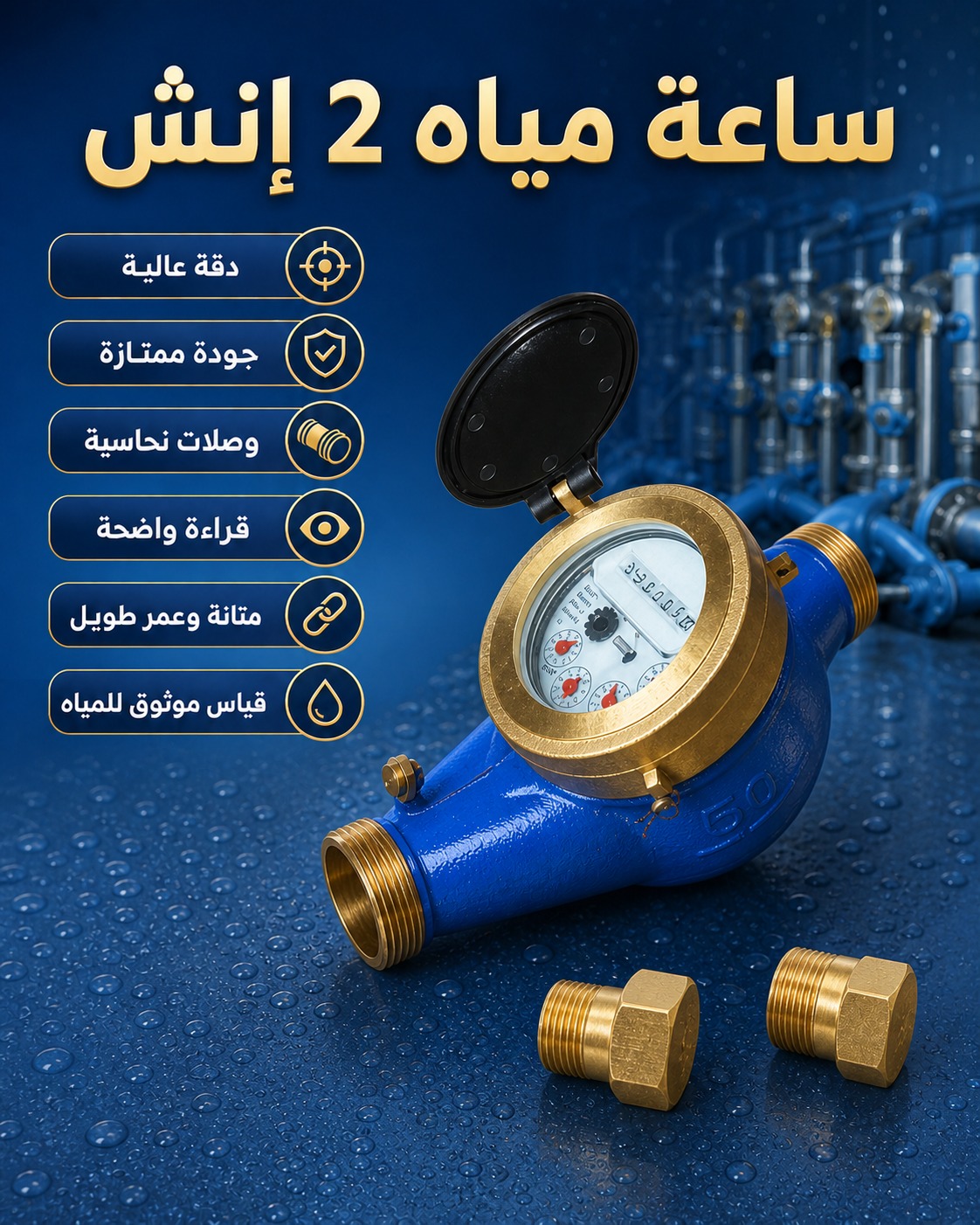 ساعة مياه (عداد مياه) مقاس 2 إنش مع وصلات نحاسية