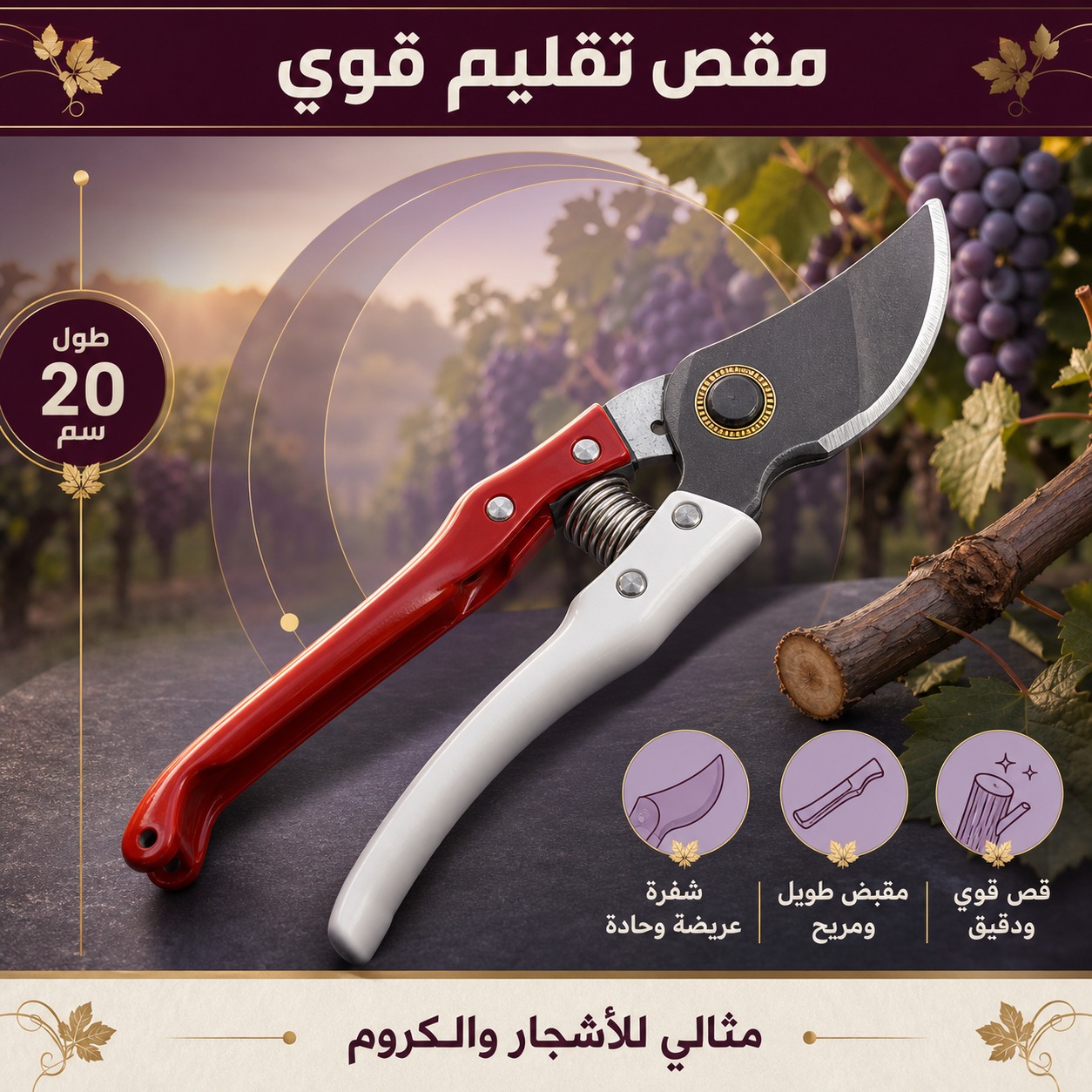 مقص تقليم يدوي قوي للأشجار والكروم (بطول 20 سم)