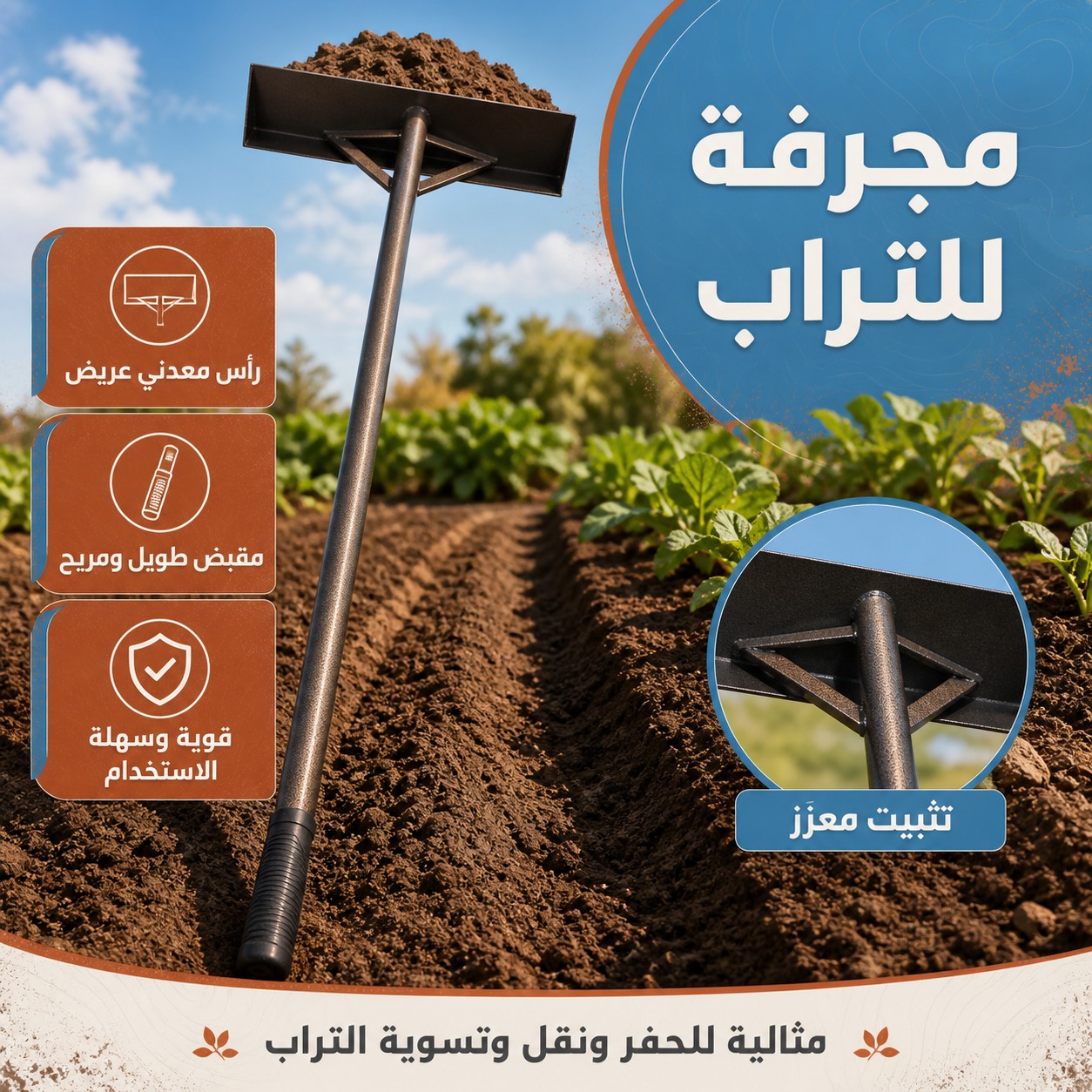 مجرفة تراب زراعية برأس معدني عريض