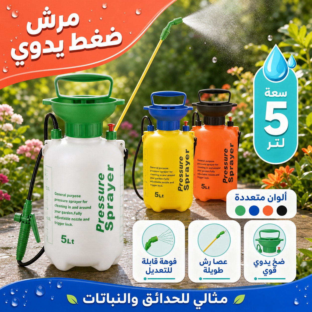 مرش ضغط يدوي زراعي سعة 5 لتر (ألوان متعددة)