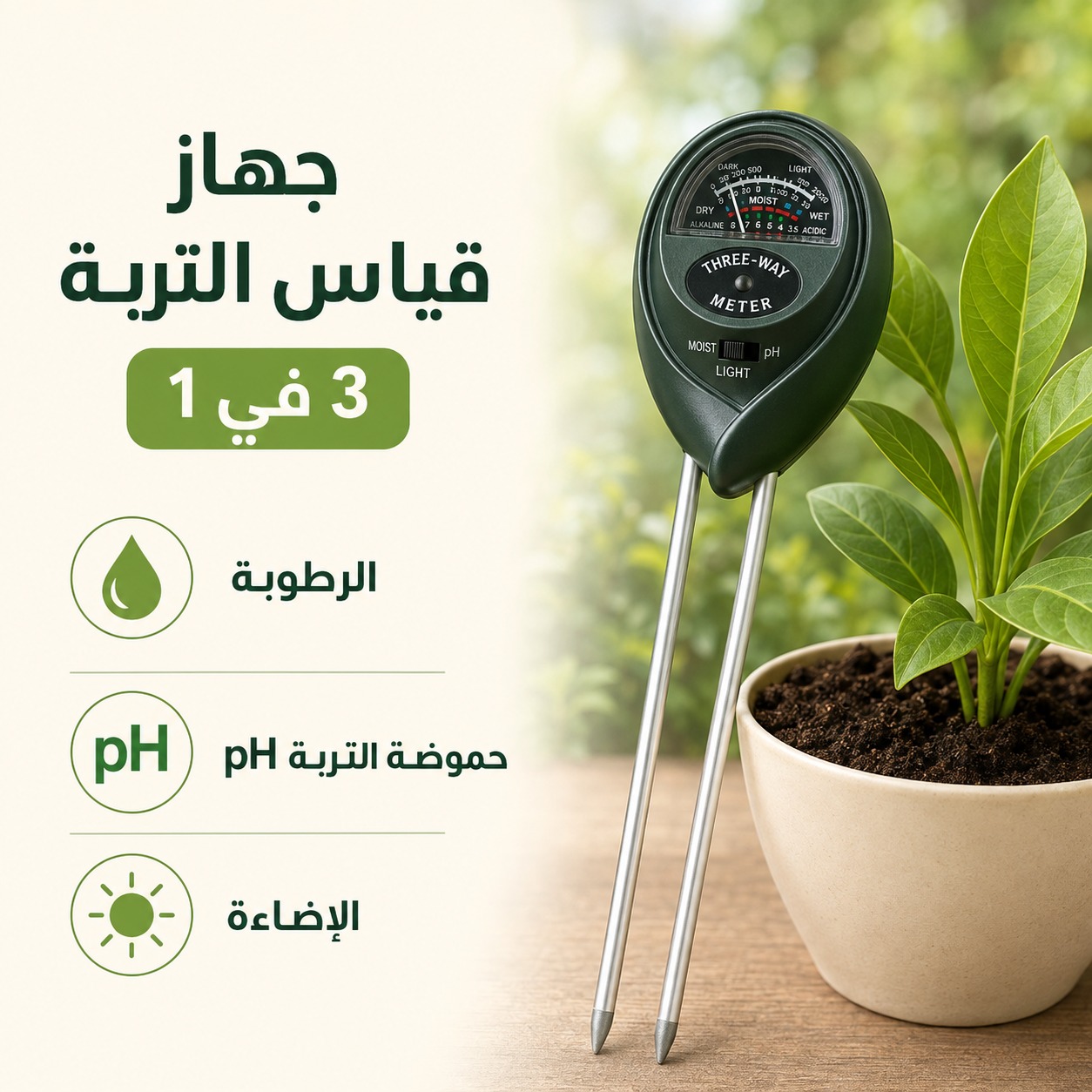 جهاز قياس رطوبة وحموضة وإضاءة التربة 3 في 1