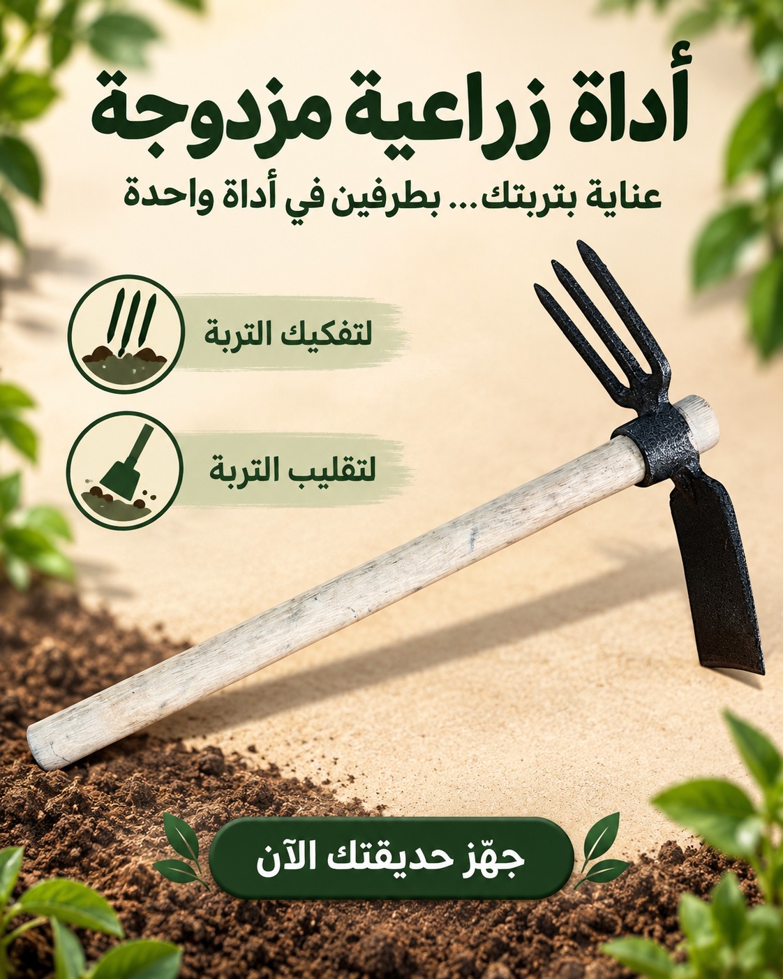 أداة زراعية يدوية مزدوجة بمقبض خشب