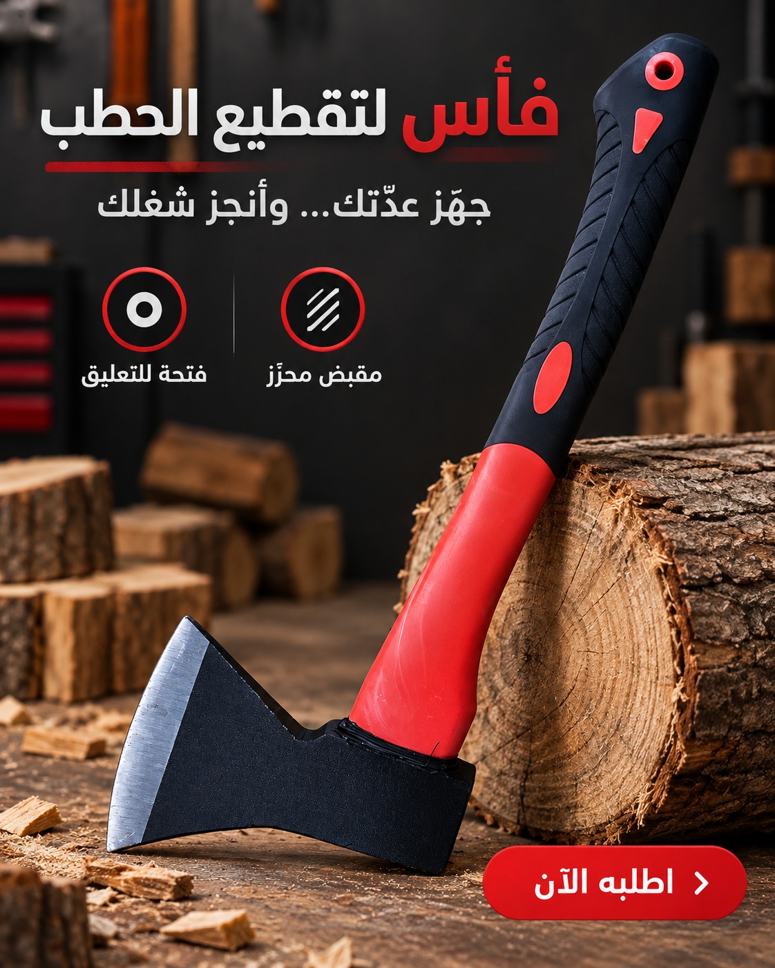 فأس لتقطيع الحطب (مع مقبض محزز وفتحة للتعليق)