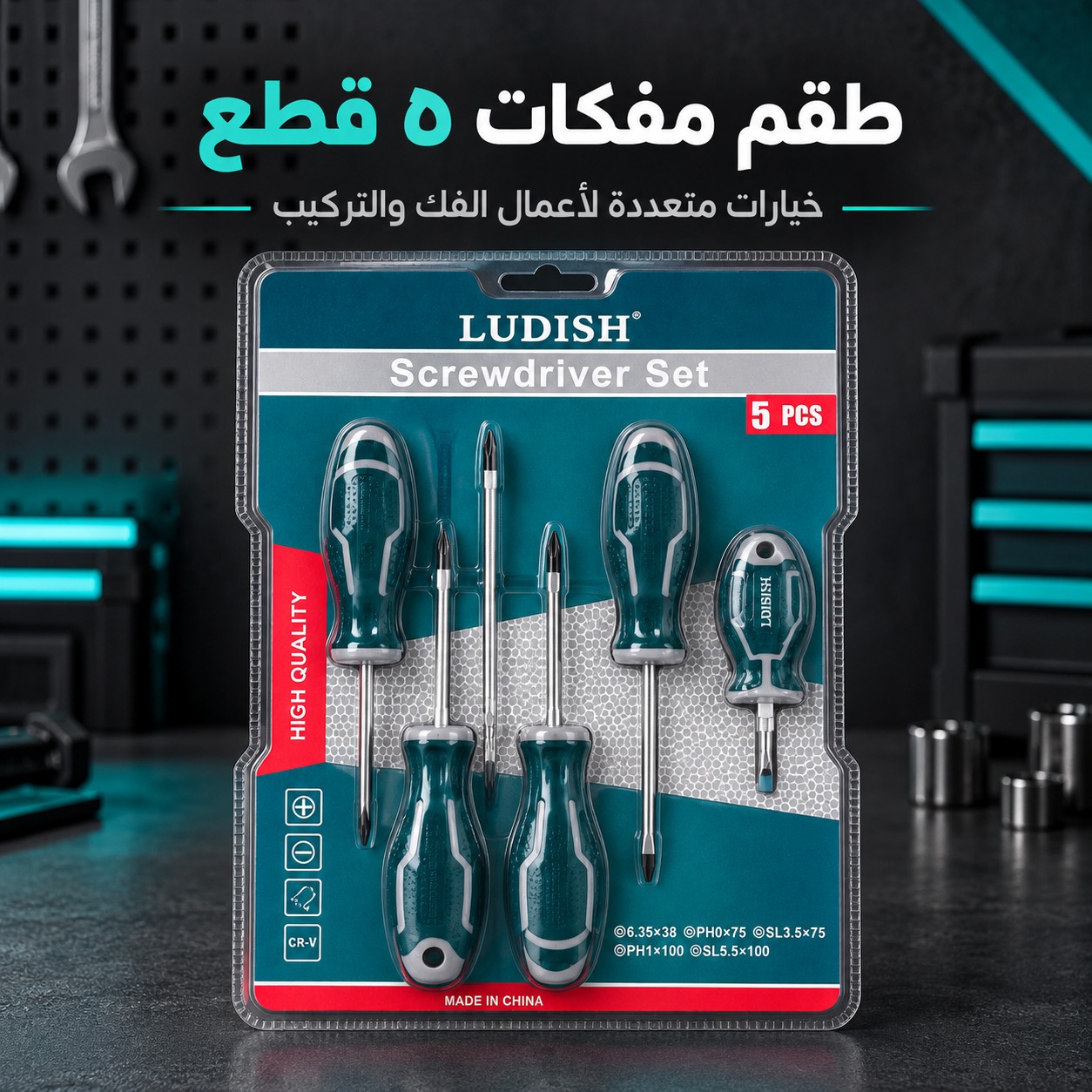 طقم مفكات 5 قطع (ماركة LUDISH، مقاسات متعددة من فولاذ CR-V)